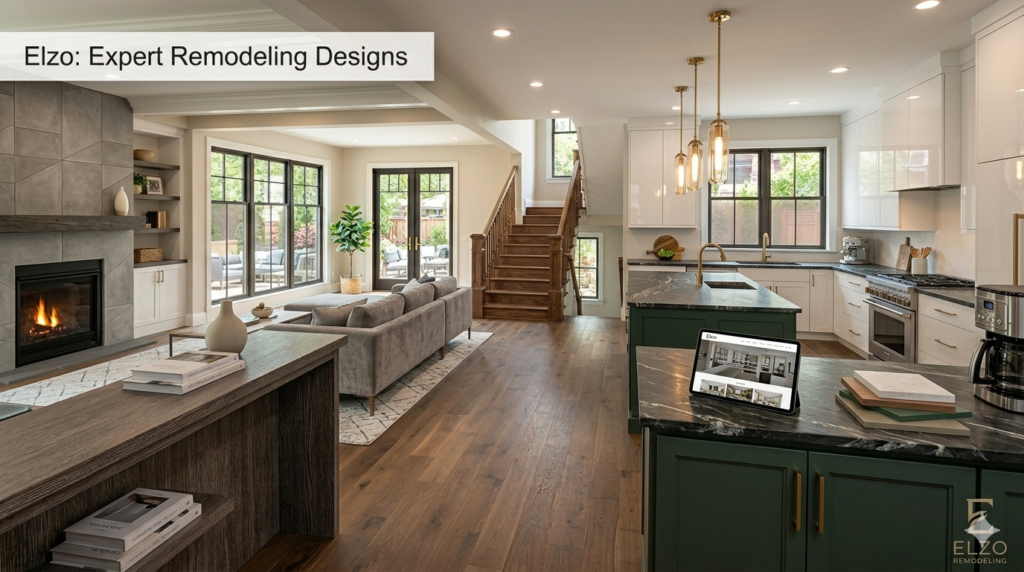 A modern, open-concept home interior featuring a renovated kitchen with dark green cabinetry and marble countertops, a cozy living area with a stone fireplace, and a professional remodeling design layout displayed on a tablet.